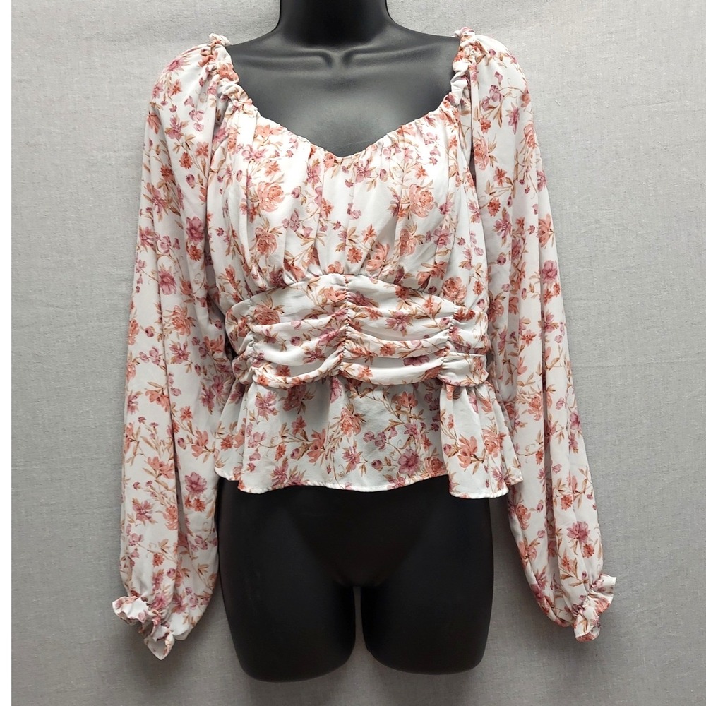 Floral Milkmaid Babydoll Top L Puff Sleeve Cottagecore Coquette Ruched Peasant